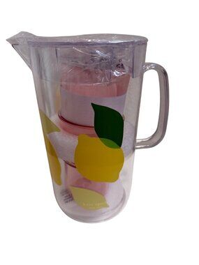 NWOT Kate Spade Lemon Pitcher & Cups Set BPA-Free Clear & Pink With Lid New